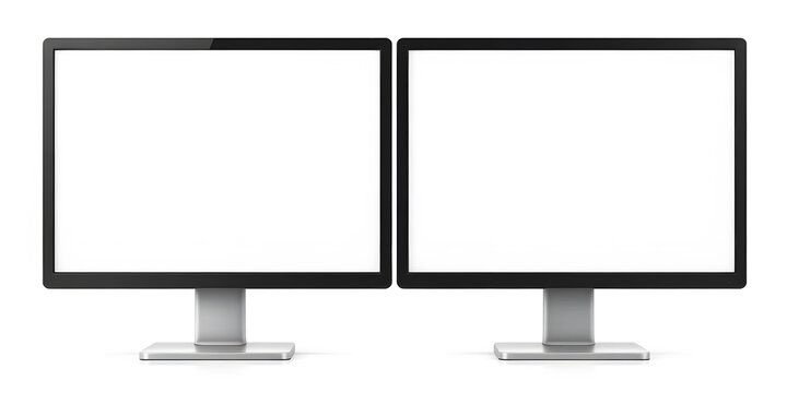 Dual Computer Monitors on a White Background for Workspace Use