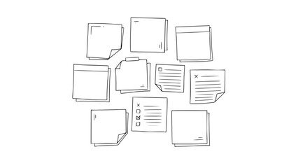 Vector of reminder sticky notes, hand-drawn line art, simple memo squares with folded corners, isolated on white background, clean minimalist style, stock vector