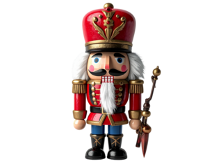 Traditional red and gold nutcracker soldier figure isolated on transparent background