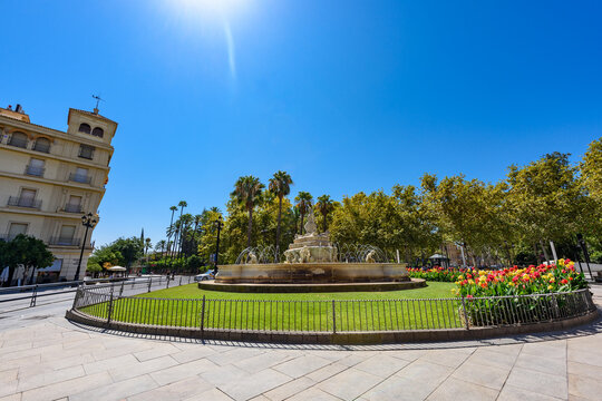 Seville, Spain - August 01, 2024: Hispalis Fountain on Puerta de Jerez Square in Seville, Spain. 