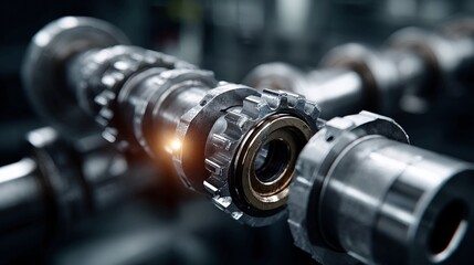 Close-up of a camshaft automotive engine component with intricate metal gears for engineering and manufactur