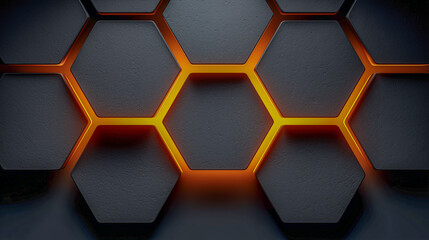 Futuristic Hexagonal Pattern with Glowing Orange Neon Lights on