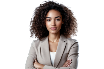 Confident business woman with curly hair ready to lead her team to success today