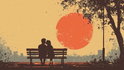 Young Couple Seated On A Bench In The Park, Embracing Each Other While Watching A Stunning Sunset, Basking In Their Love And The Beauty Of Nature.