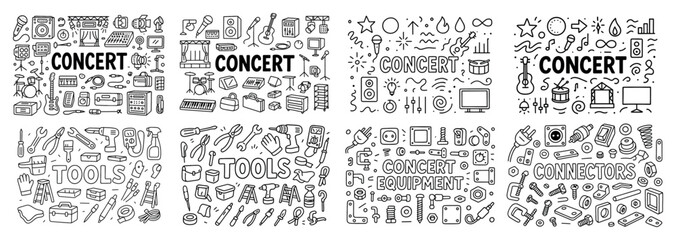 Music and tool equipment doodle art collection