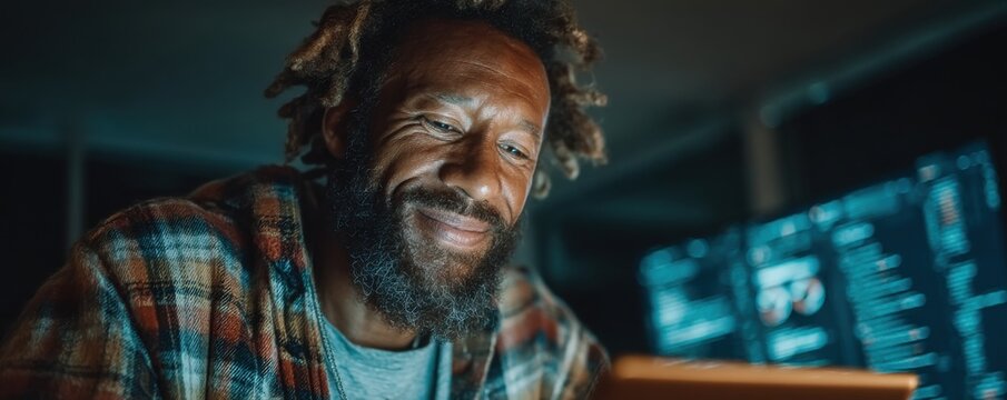 Smiling man using a device late at night in a cozy ambiance - Powered by Adobe