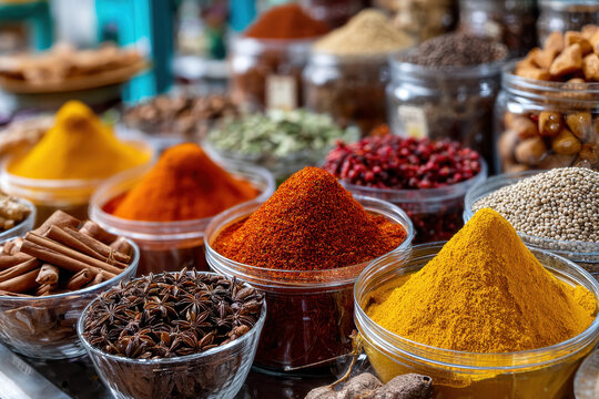Colorful Spices and Herbs in Clear Jars at a Market - Powered by Adobe