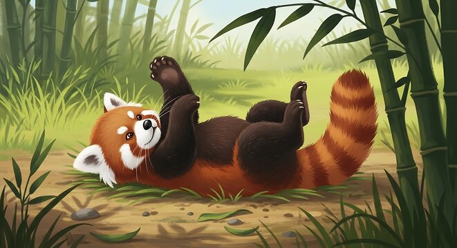 Playful Red Panda Rolling in Bamboo Forest Illustration.