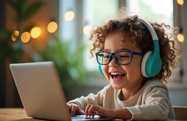 Happy little girl smiles, laughs at laptop screen. Child wears blue glasses, turquoise headphones. Engaged in active online learning, enjoying remote education, video calls, digital play. Kids use