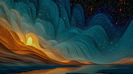 Abstract Night Sky Landscape with Waves and Stars for Creative D