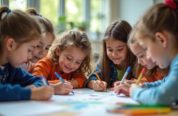 Fototapeta premium Diverse group of cheerful young children draw, color together at large table. Happy elementary school girls enjoy creative art project in classroom. Young students collaborate, learn, fun with