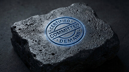 Certified demand concept with a glowing blue seal stamped on rough iron ore