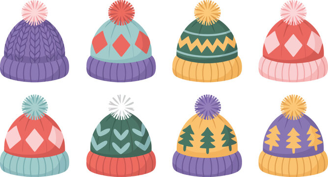 A diverse set of eight brightly colored knitted winter hats adorned with distinctive patterns and fluffy pom poms