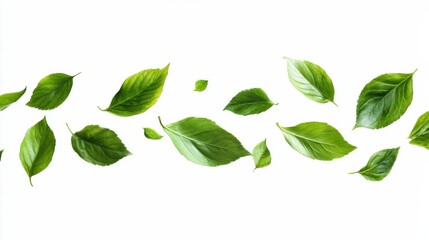 Fototapeta premium Flying green leaves isolated white background nature photography outdoor scene aerial perspective artistic concept