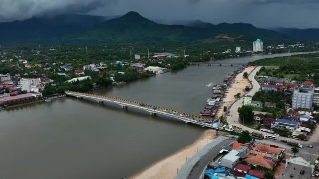 Aerial view of Authentic Daily Life on the Streets of Kampot ,Cambodia.