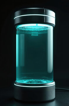 Futuristic bio tank with glowing teal liquid on black background. Sci fi laboratory equipment for preservation cloning. Empty stasis pod cryogenic chamber concept for scientific research. Glass