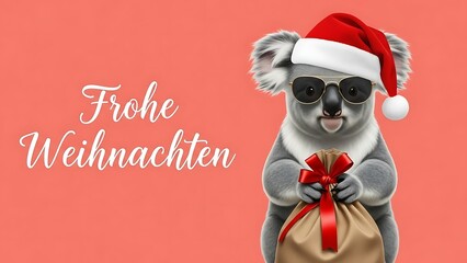 Cute koala wearing santa hat and sunglasses holding gift bag