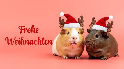Two cute guinea pigs wearing santa hats with reindeer antlers
