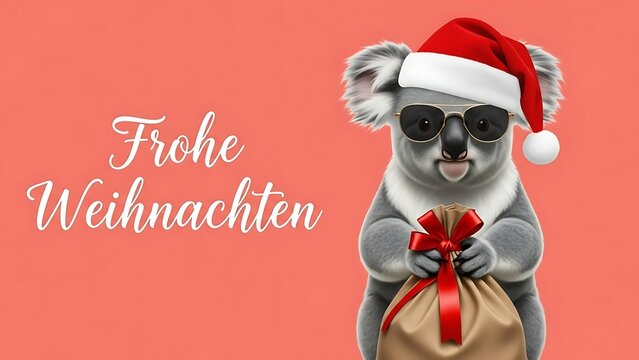 Cute koala wearing santa hat and sunglasses holding gift bag
