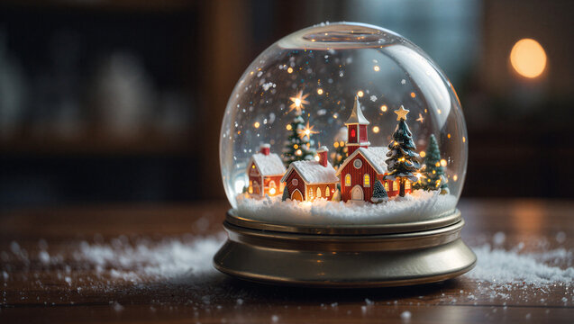 Enchanting christmas snow globe featuring a miniature village with illuminated houses and festive trees creating a magical winter scene with falling snow 