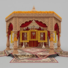 Ornate Wedding Pavilion with Red Drapes, Chandeliers and Floral Decor mandap indian wedding isolated on a transparent background