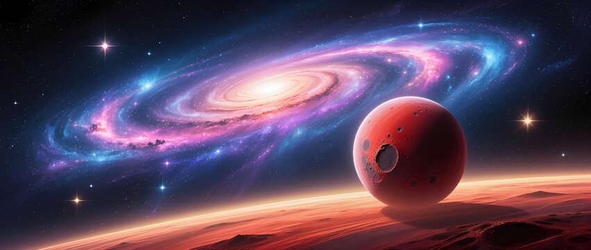 Vibrant cosmic scene featuring a red planet in the foreground, surrounded by a swirling galaxy and twinkling stars, showcasing the beauty of the universe and celestial wonders
