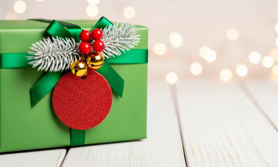 Christmas gift box with decor and a round tag on the background of festive lights. The perfect place for Christmas discounts, Christmas sales, and Black Friday promotions.