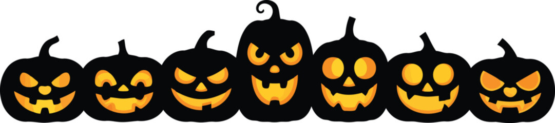 Fototapeta premium A horizontal line of seven spooky black Halloween pumpkins with glowing orange carved faces isolated on white