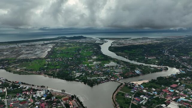 Aerial view of Authentic Daily Life on the Streets of Kampot ,Cambodia.