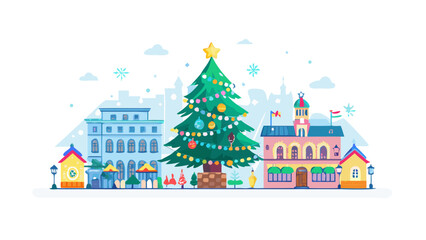 A giant Christmas tree in the center of a town square, decorated with ornaments, ribbons, bells, and glowing fairy lights