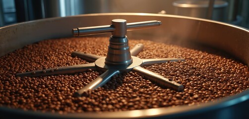Coffee beans roast in large metal vat. Agitator stirs fresh beans during coffee production. Steam rises from brown coffee. Quality arabica robusta blends get prepared for delicious beverage.