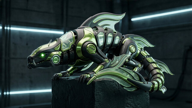 Sleek cybernetic Kaitiaki Taniwha, a futuristic biomechanical guardian dragon with glowing green eyes, translucent neon armor, and razor-sharp metallic claws perched fiercely in a dark high-tech lair - Powered by Adobe