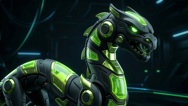 A sleek, biomechanical Kaitiaki Taniwha with glowing neon-green accents, black armored scales, sharp fangs, and menacing emerald eyes in a dark cyberpunk setting