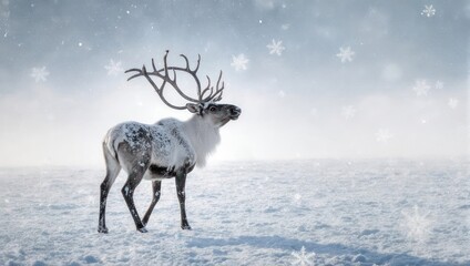 Reindeer in a Snowy Winter Landscape with Falling Snow.