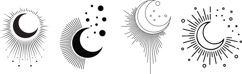 Set Of Minimal Crescent Moon with Radiating Ink-Line Rays and Dots