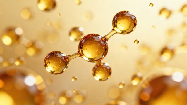 A stunning visual of an Argan oil molecule suspended in the air, surrounded by spheres of deep liquid gold, showcasing high refractive qualities for beauty and wellness themes.
