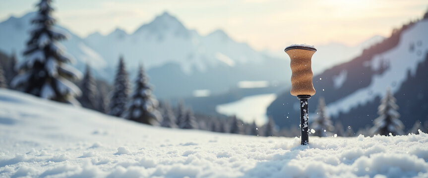 Single ski pole stuck in fresh powder snow at sunrise in mountains - Powered by Adobe