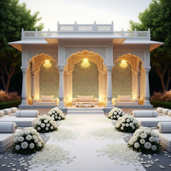 Outdoor Indian Wedding Pavilion with White Flowers and Seating ceremony isolated on a transparent background