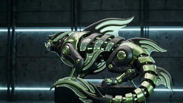 Matte-black and lime green 3d robotic Kaitiaki Taniwha perched on a dark pedestal, translucent glass panels along its serpentine body