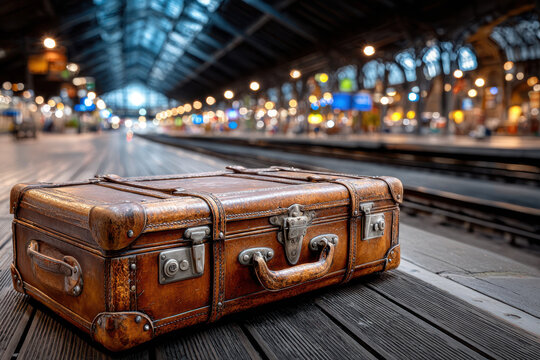 Vintage Leather Suitcase on Train Station Platform, Travel and Journey - Powered by Adobe
