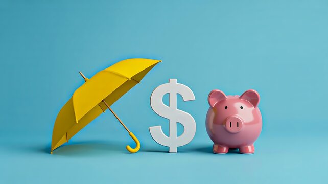 Piggy bank with umbrella and dollar sign symbolizing financial protection