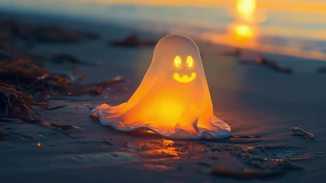 A cute glowing little ghost floating gently in the air by the seaside, softly illuminating its surroundings, concept of Halloween, fun, and spooky atmosphere