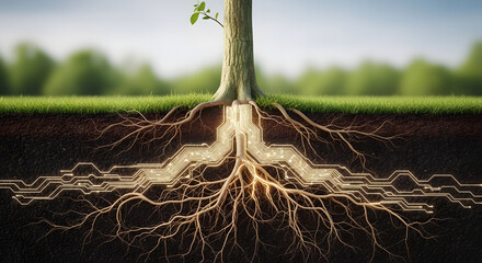 Digital Roots A tree with glowing circuit patterns forming its roots, symbolizing the integration of nature, technology, sustainable growth, and future innovation