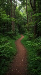 Fototapeta premium A peaceful, winding earthen trail disappearing into dense tropical growth, surrounded by vibrant ferns and tall trees, perfect for exploring nature ,outdoors, tropical, lush