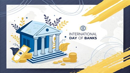 Bright financial poster featuring classical blue banking elements highlighting global economic development, wealth concepts, corporate finance communication, and modern professional financial design.