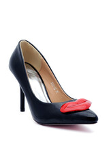 Black high heel shoe with red lips design on white background