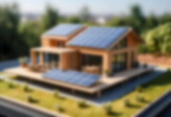 Modern Eco-Friendly House with Solar Panels and Green Landscaping Blur photo Concept
