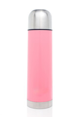 Pink insulated thermos bottle isolated on a white background