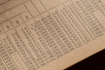 A large fragment of an old paper table with numerical data, illustrated by columns and a series of numbers, used for analysis