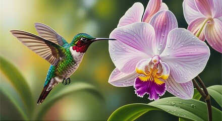 Fototapeta premium Vibrant Ruby Throated Hummingbird Hovering Near Pink Orchid Flower.